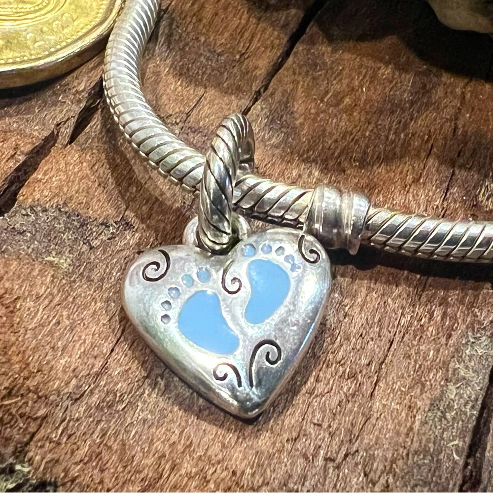 BRIGHTON Baby Charm Large Heart Blue Footprints Baby Boy Engraved Pendant Plated